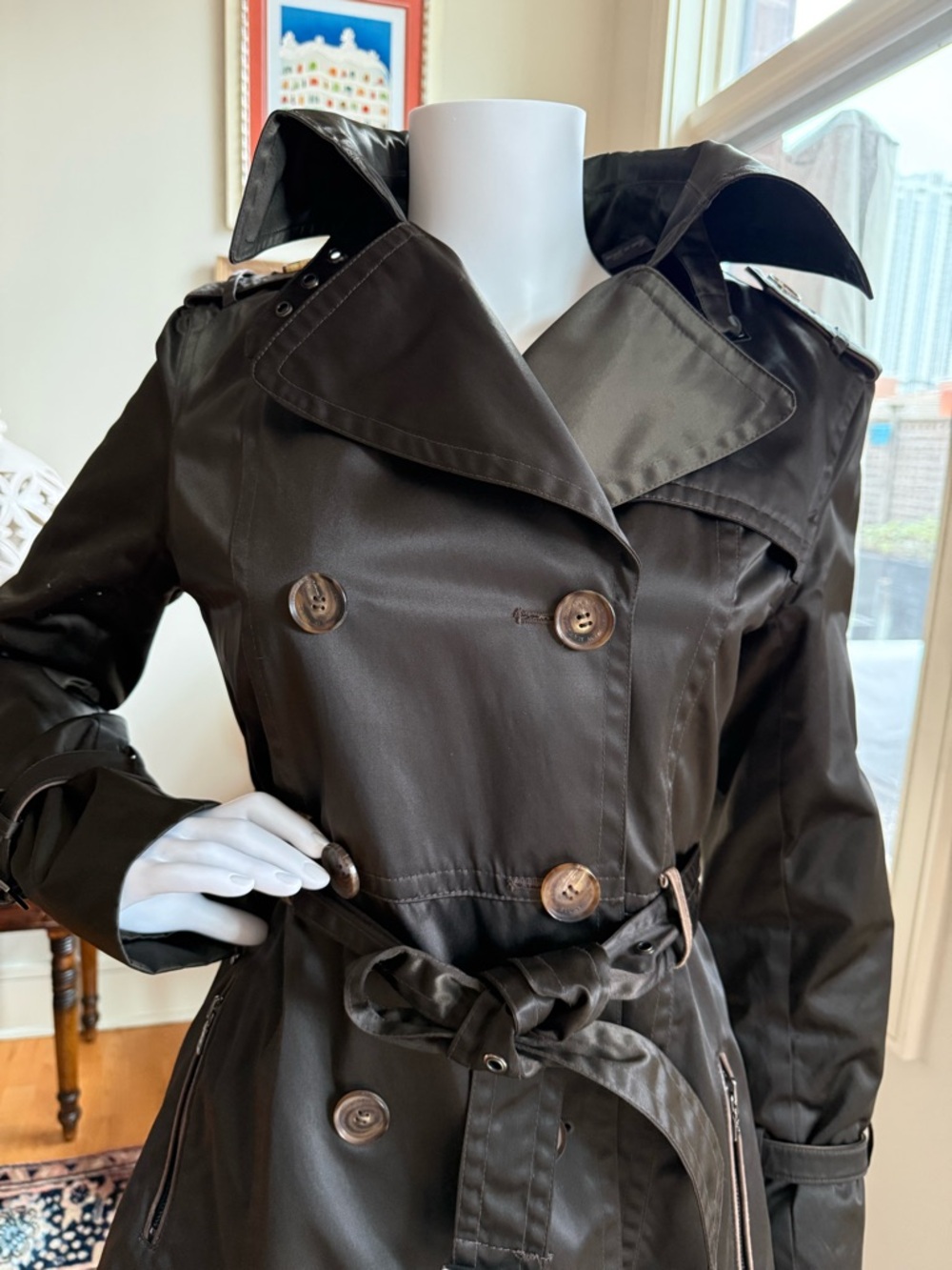 Vintage Andrew Marc Classic Double-Breasted Black Trench Coat - Women's